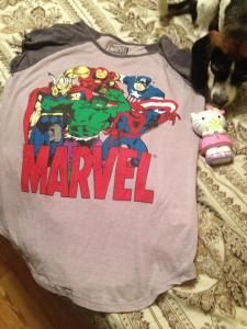 My AVengers T-Shirt and Hello Kitty Piggy Bank!! Yes my puppy photobombs!!